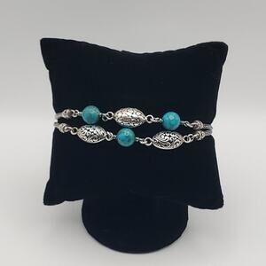 Vtg Artisan Sterling Silver Foxtail Turquoise and Filigree Beaded Bracelet
